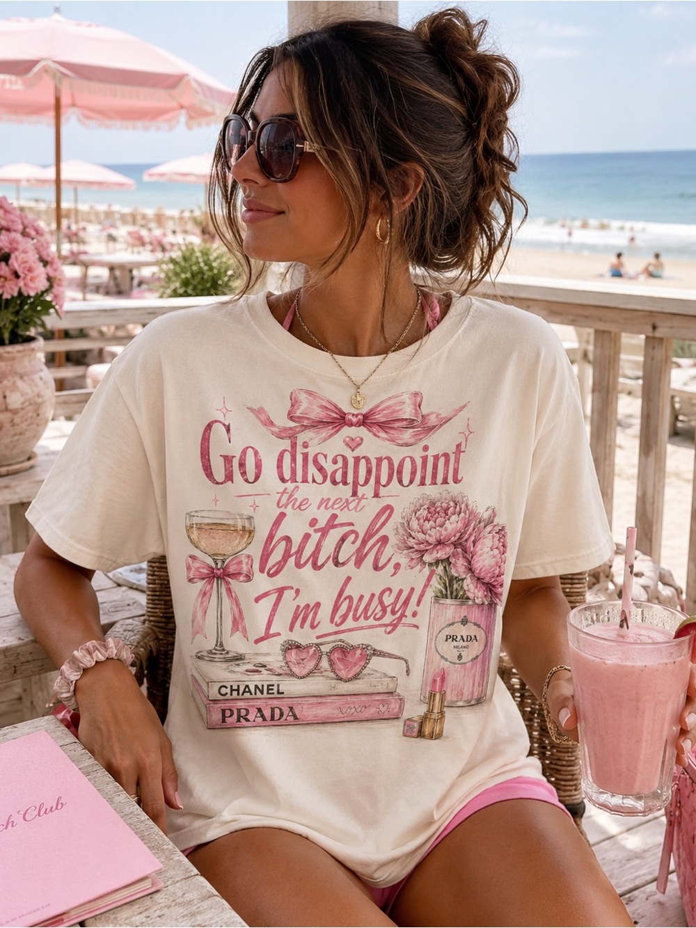 Cream Short-Sleeve Graphic Tee with Pink Print S-5x